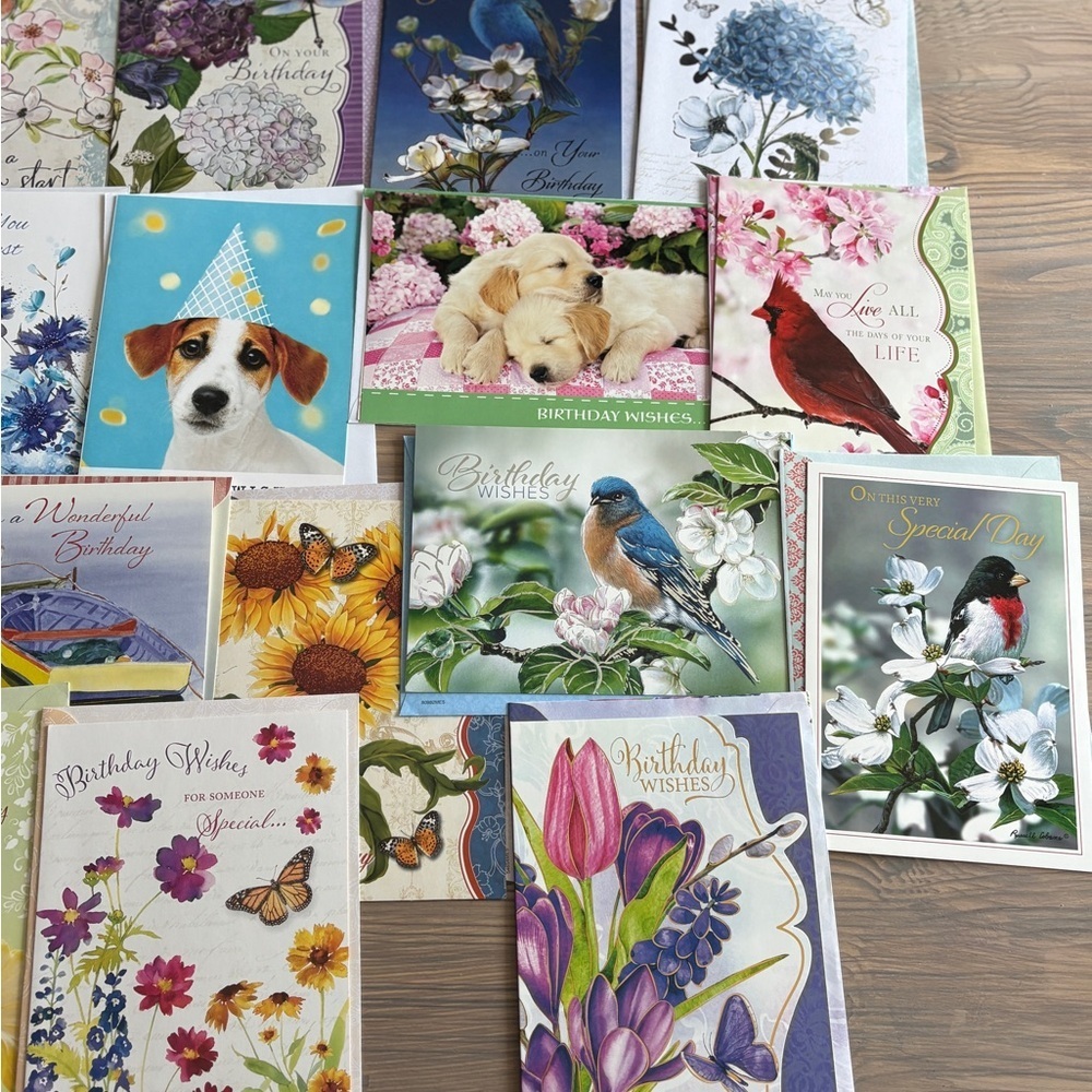 Set of 20 Assorted Happy Birthday Greeting Cards with Floral and Animal Designs